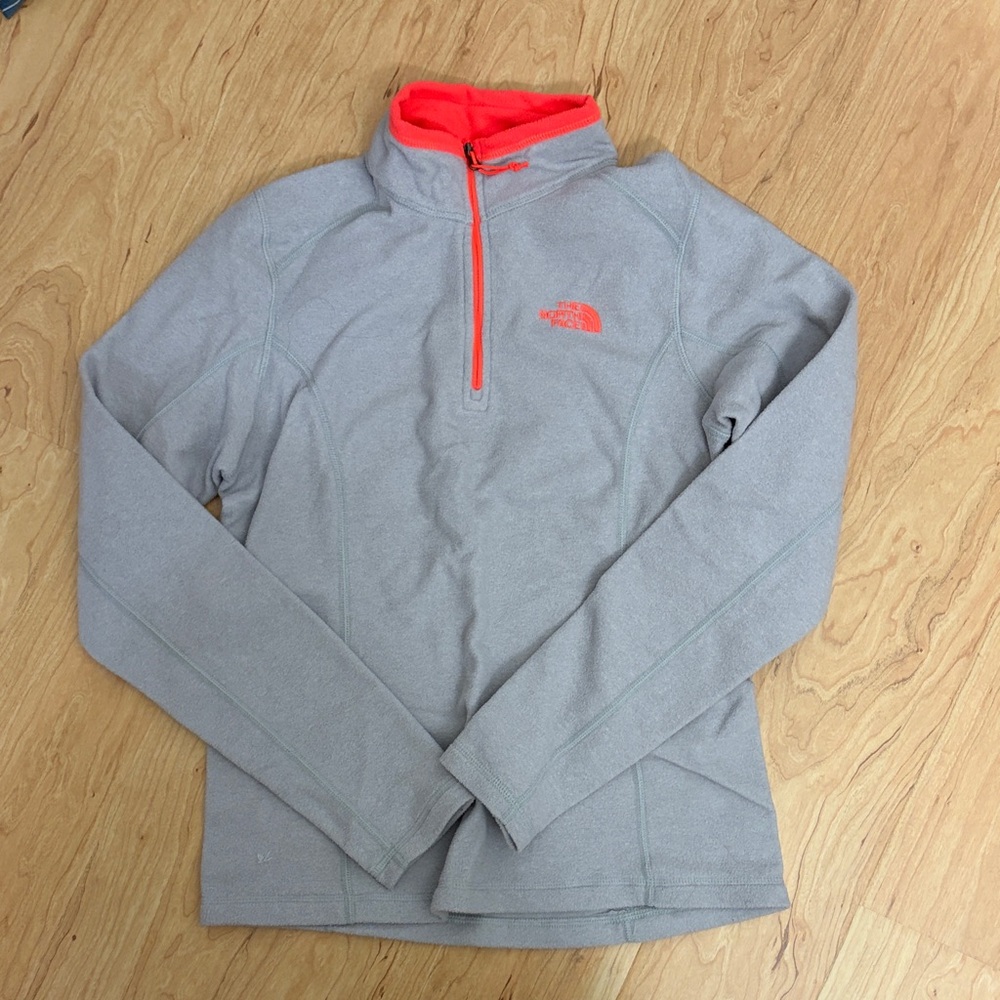 The North Face Light Gray Fleece Quarter-Zip with Coral Trim